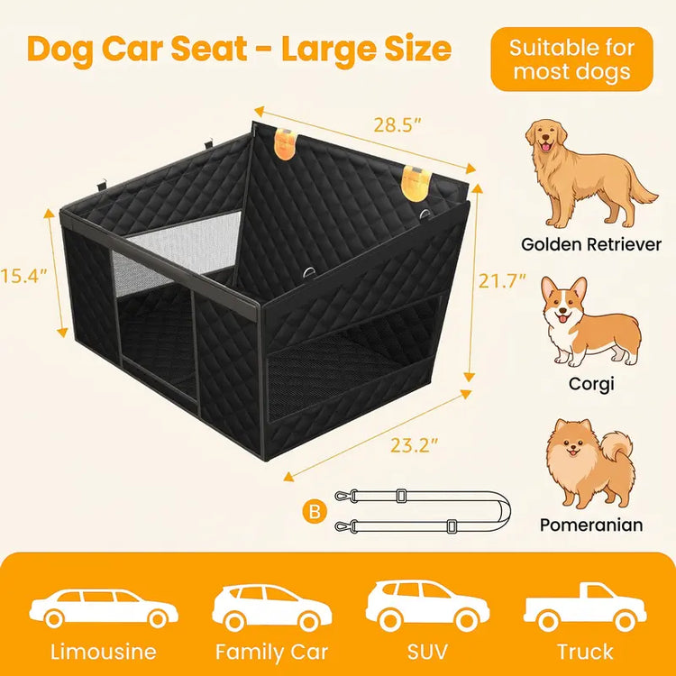Large Dog Car Seat with 3 Mesh Windows - Waterproof, Stable, Ventilated, Quilted Pet Back Seat Extender with Hard Bottom, Practical Protection Cover for Cars, Trucks