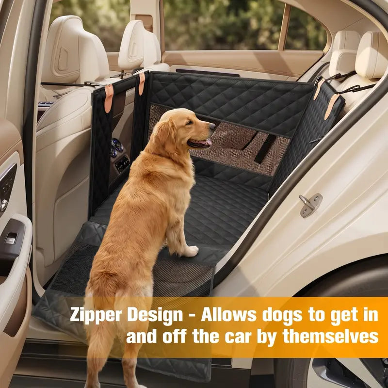Large Dog Car Seat with 3 Mesh Windows - Waterproof, Stable, Ventilated, Quilted Pet Back Seat Extender with Hard Bottom, Practical Protection Cover for Cars, Trucks