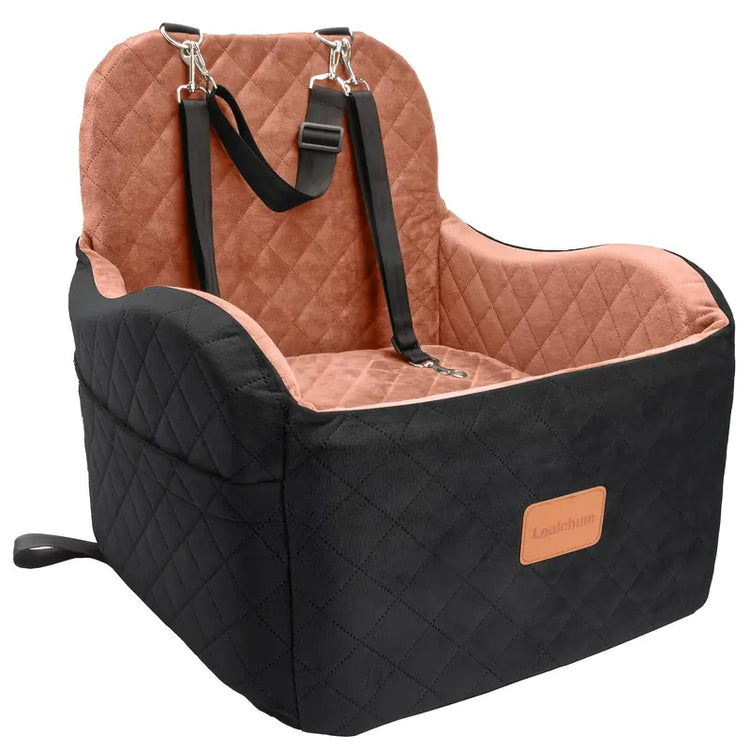Dog Car Booster Seat Carrier for Small-Medium Dogs (Up to 30 Lbs) - Plain Travel Bed with Safety Belt, Clip-On Leash, Removable Water-Resistant Machine Wash Fabric, Easy Cleaning, Secure Transport, Storage Pocket