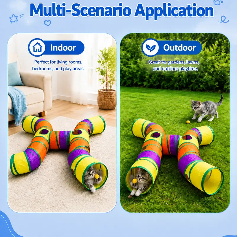 14-Way Cat Tunnel for Indoor Cats, Rainbow H-Shape Interactive Play Tunnel with Peek Holes & Ball, Foldable & Collapsible Toy for Cats, Rabbits, Ferrets & Small Pets