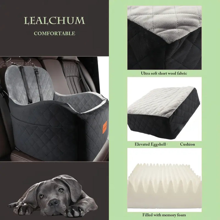 Dog Car Booster Seat Carrier for Small-Medium Dogs (Up to 30 Lbs) - Plain Travel Bed with Safety Belt, Clip-On Leash, Removable Water-Resistant Machine Wash Fabric, Easy Cleaning, Secure Transport, Storage Pocket