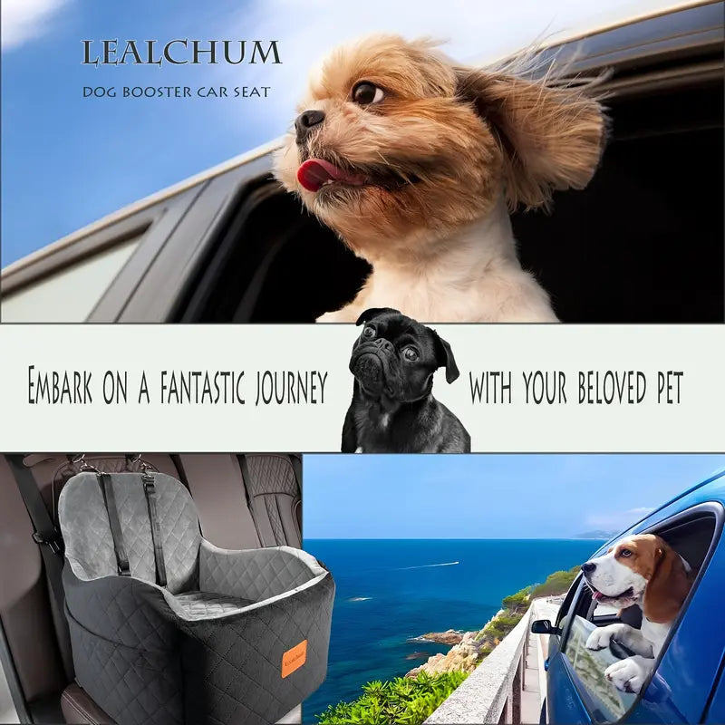 Dog Car Booster Seat Carrier for Small-Medium Dogs (Up to 30 Lbs) - Plain Travel Bed with Safety Belt, Clip-On Leash, Removable Water-Resistant Machine Wash Fabric, Easy Cleaning, Secure Transport, Storage Pocket
