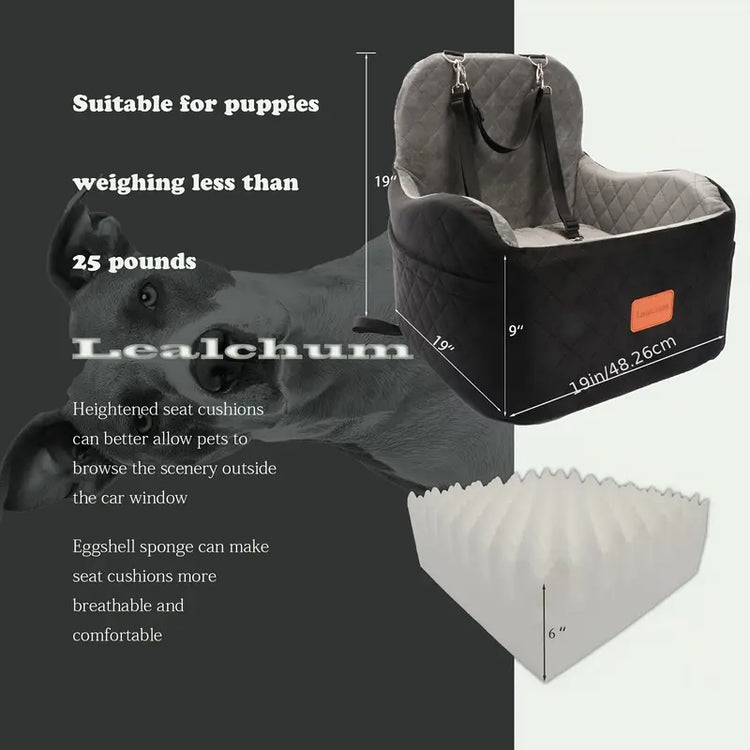 Dog Car Booster Seat Carrier for Small-Medium Dogs (Up to 30 Lbs) - Plain Travel Bed with Safety Belt, Clip-On Leash, Removable Water-Resistant Machine Wash Fabric, Easy Cleaning, Secure Transport, Storage Pocket