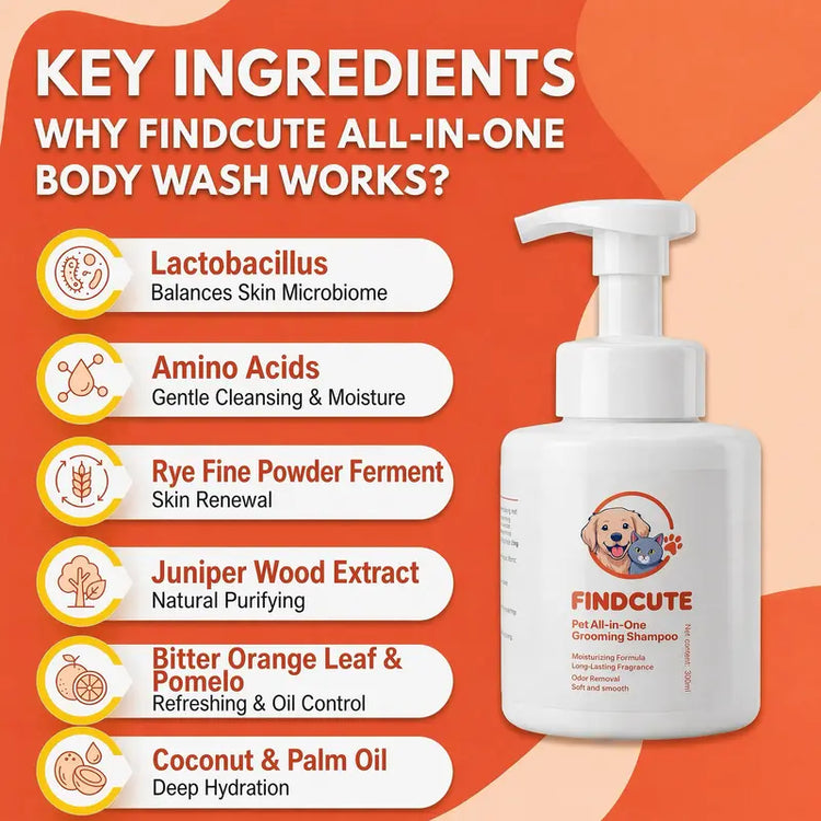 FINDCUTE All-In-1 Pet Shampoo for Dogs & Cats - Gentle Fermented Amino Acid Formula, Deep Cleaning, Long-Lasting Scent, Puppy Shampoo, 300Ml