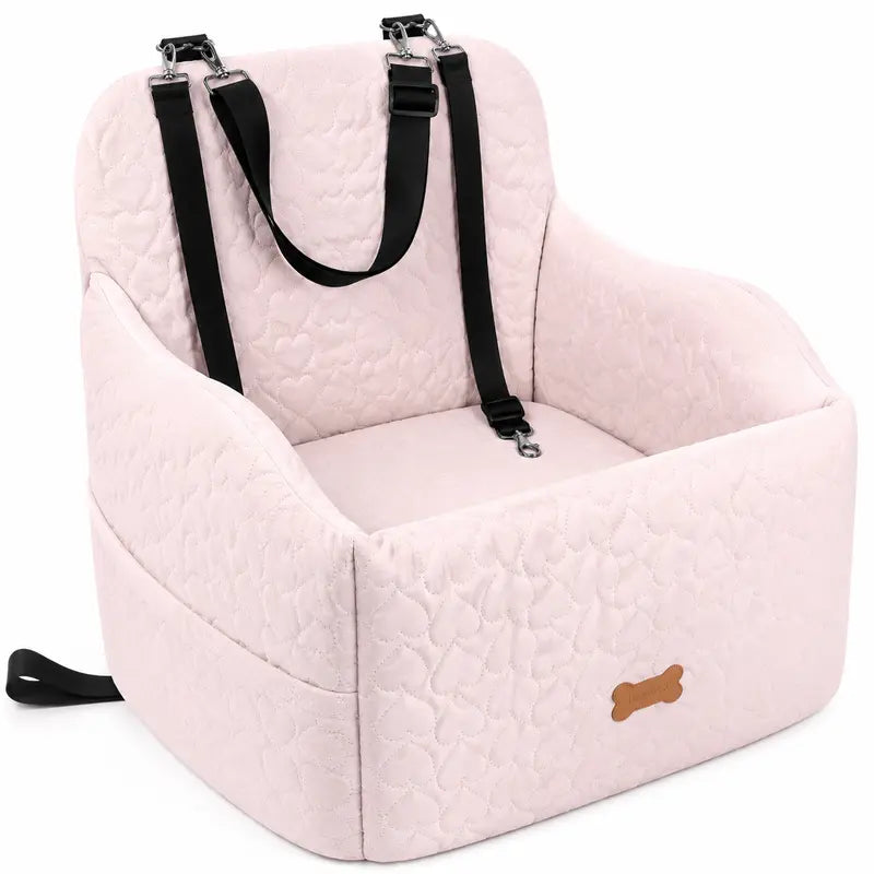 Dog Car Booster Seat Carrier for Small-Medium Dogs (Up to 30 Lbs) - Plain Travel Bed with Safety Belt, Clip-On Leash, Removable Water-Resistant Machine Wash Fabric, Easy Cleaning, Secure Transport, Storage Pocket