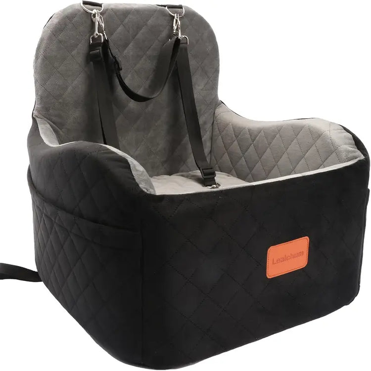 Dog Car Booster Seat Carrier for Small-Medium Dogs (Up to 30 Lbs) - Plain Travel Bed with Safety Belt, Clip-On Leash, Removable Water-Resistant Machine Wash Fabric, Easy Cleaning, Secure Transport, Storage Pocket