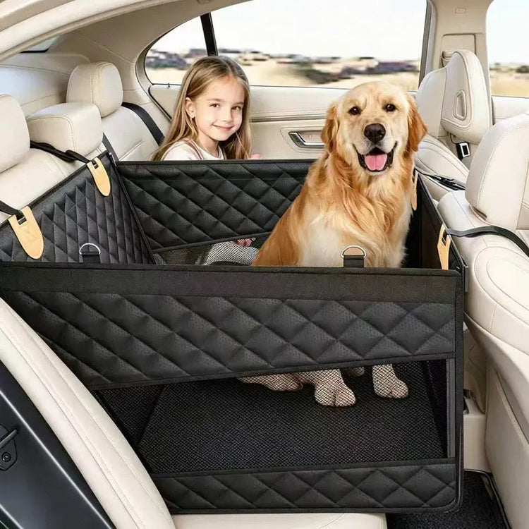 Large Dog Car Seat with 3 Mesh Windows - Waterproof, Stable, Ventilated, Quilted Pet Back Seat Extender with Hard Bottom, Practical Protection Cover for Cars, Trucks