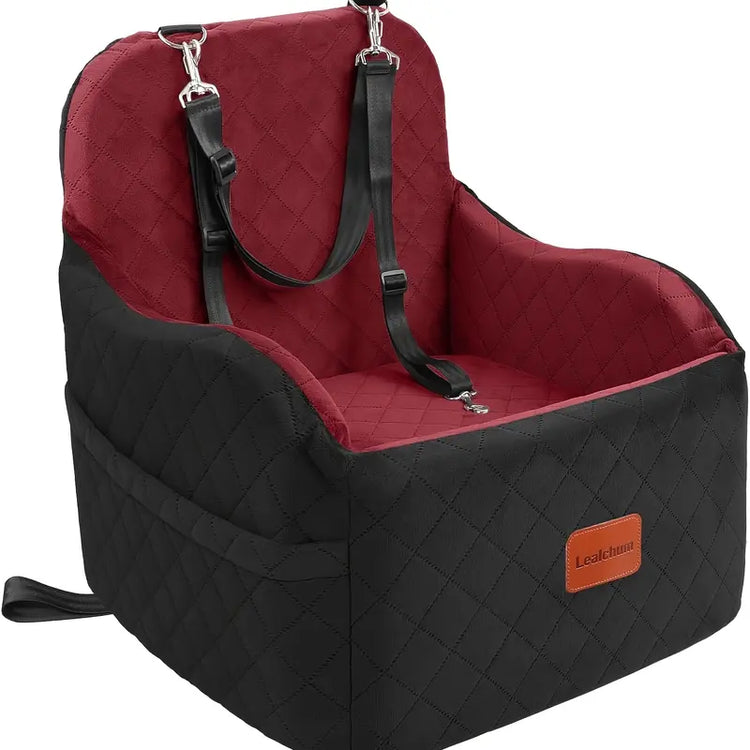 Dog Car Booster Seat Carrier for Small-Medium Dogs (Up to 30 Lbs) - Plain Travel Bed with Safety Belt, Clip-On Leash, Removable Water-Resistant Machine Wash Fabric, Easy Cleaning, Secure Transport, Storage Pocket